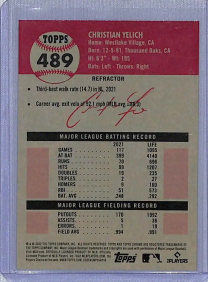 Back of 2022 Topps Chrome Platinum Anniversary Refractor #489 Christian Yelich card