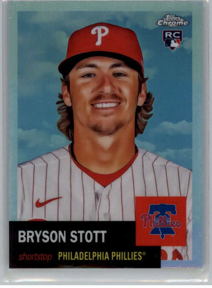 Bryson Stott in Phillies home pinstripes on 2022 Topps Chrome Platinum Anniversary Refractor