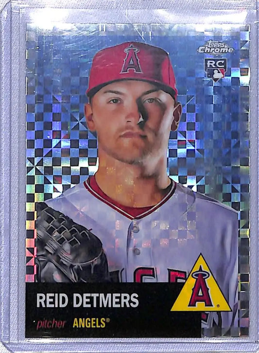 Chrome baseball card of Reid Detmers in Angels jersey, Topps Chrome Platinum Anniversary