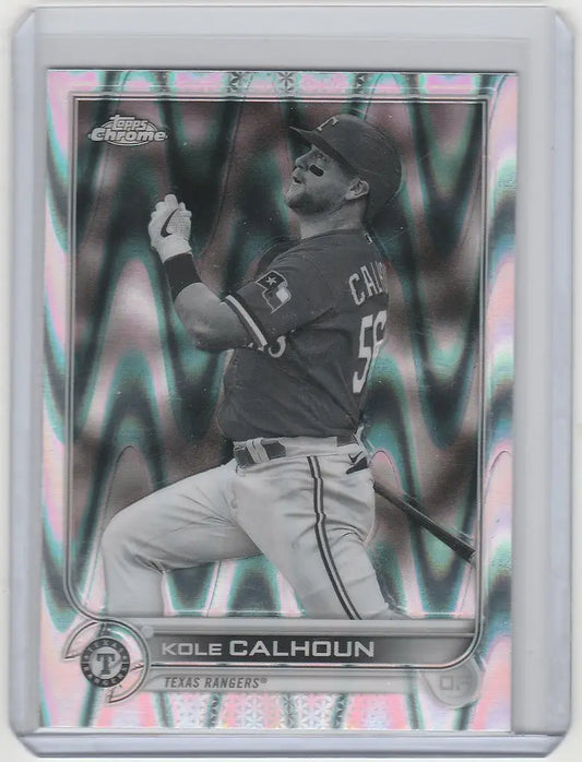 Baseball card of Kole Calhoun in pitching motion, Topps Chrome Raywave, Texas Rangers