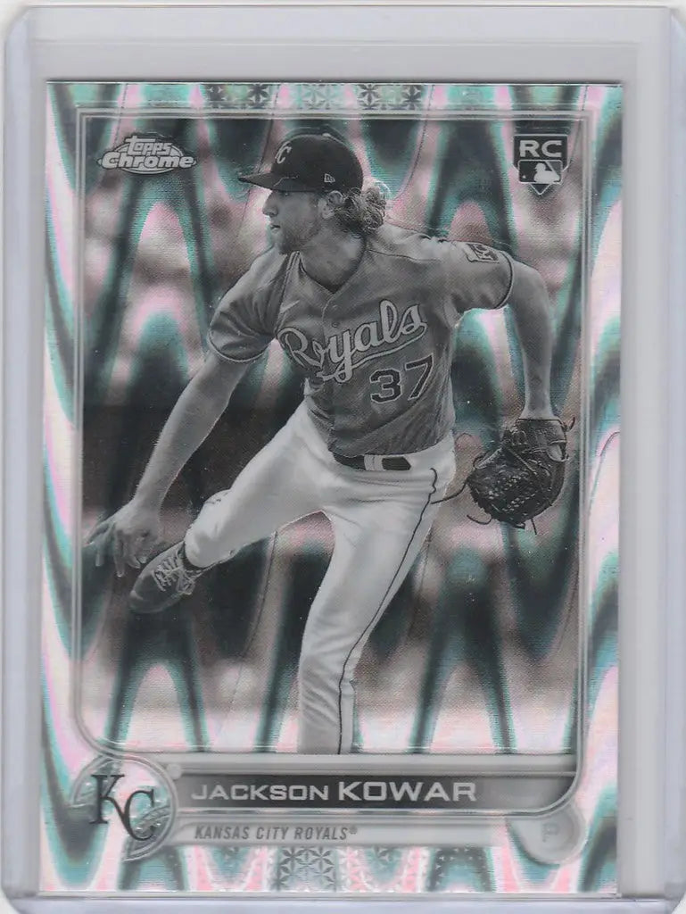 Baseball card of Jackson Kowar pitching for Kansas City Royals in Topps Chrome Raywave