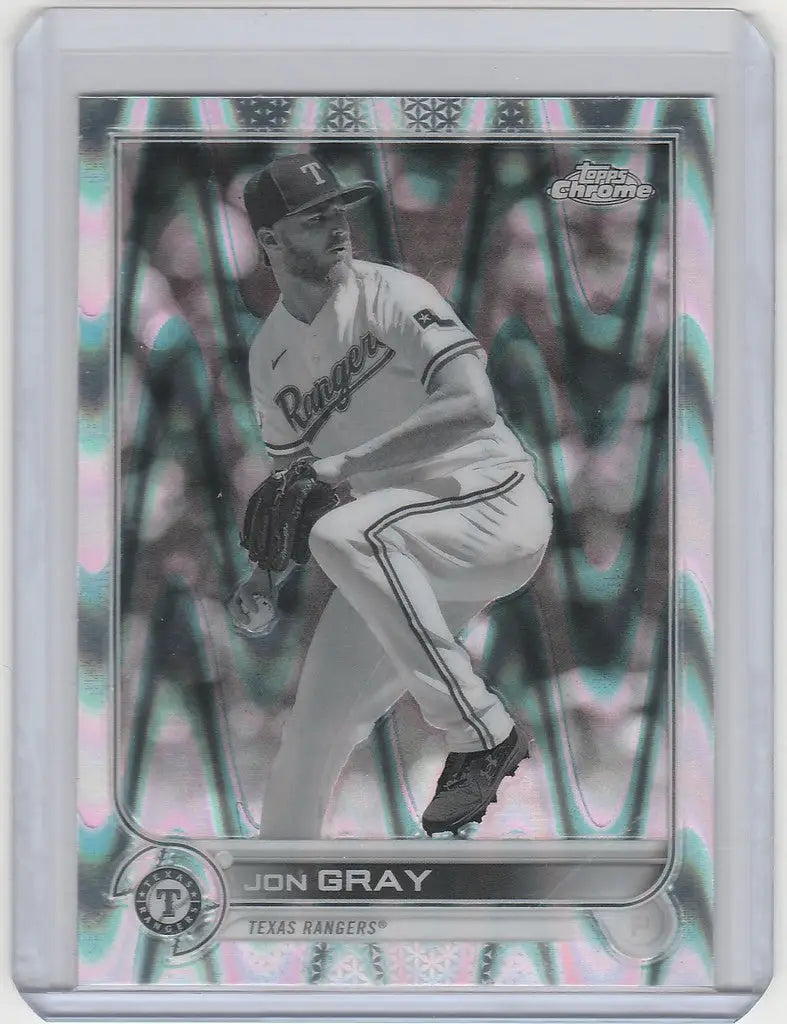 Baseball card of Jon Gray pitching in white uniform for Texas Rangers Topps Chrome Raywave