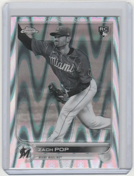 Baseball card of Zach Pop pitching for the Miami Marlins, Topps Chrome Raywave