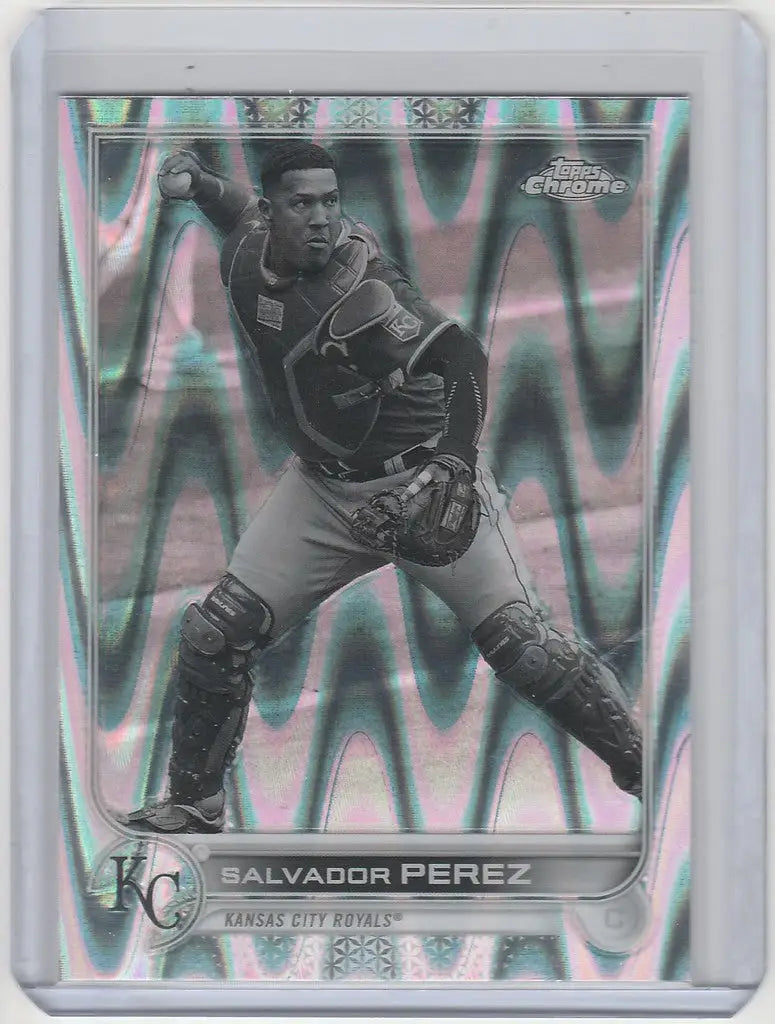 Baseball card of Salvador Perez in throwing stance from Topps Chrome Raywave, Kansas City Royals