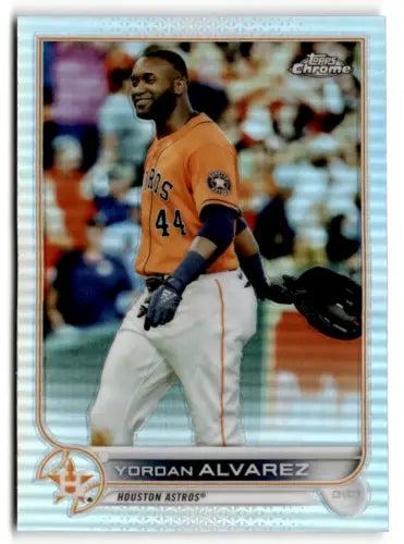 Baseball card of Yordan Alvarez in orange jersey, Topps Chrome Refractor original gloss