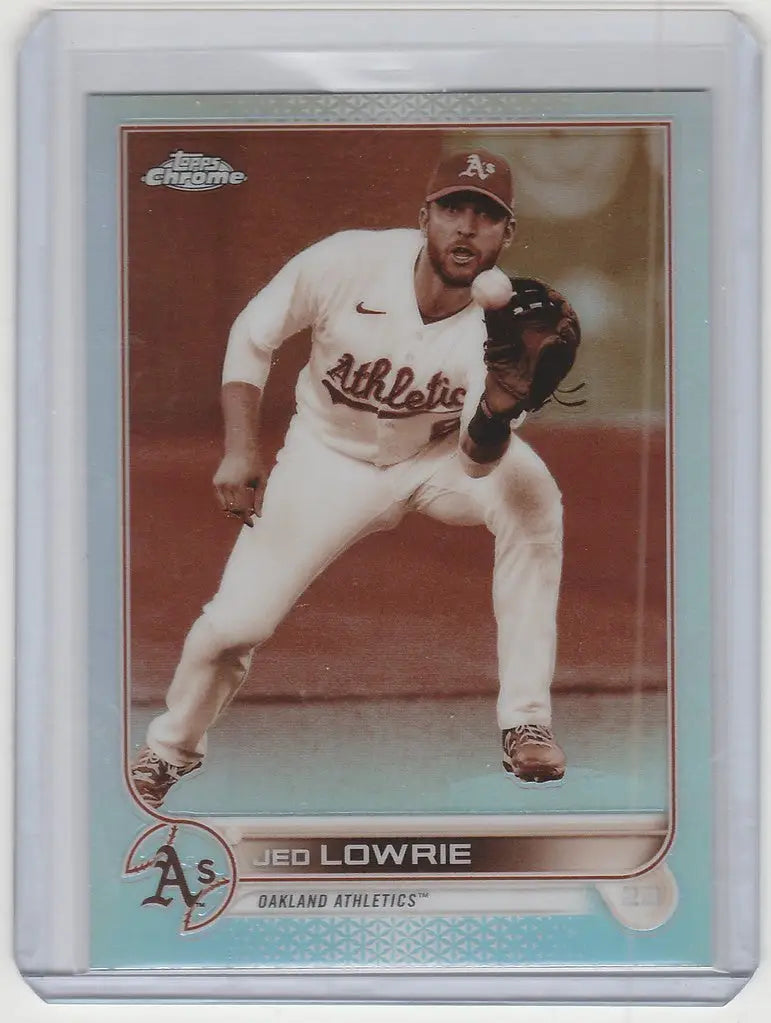 Oakland Athletics player Jed Lowrie in a fielding stance on a Topps Chrome Sepia card