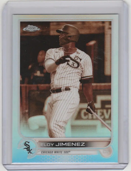 Baseball card of Eloy Jimenez at bat, Topps Chrome Sepia, Chicago White Sox