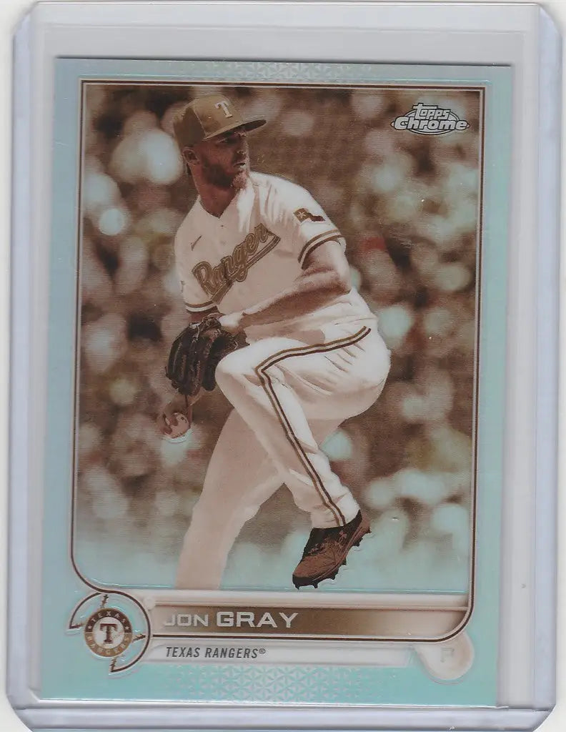 Baseball card of Jon Gray in mid-throw, Texas Rangers, Topps Chrome Sepia