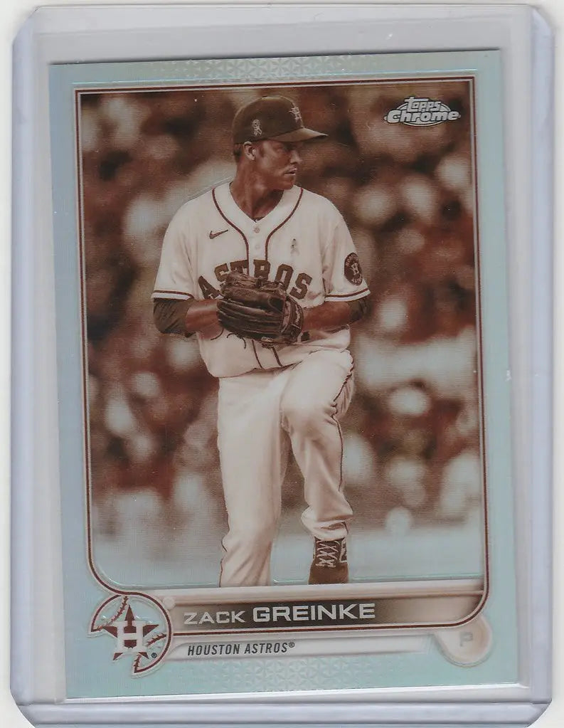 Baseball card of Zack Greinke in white uniform for Topps Chrome Sepia Houston Astros