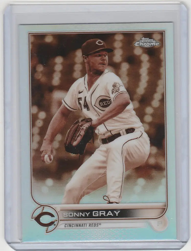 Baseball card of Sonny Gray in mid-throw, showcasing Topps Chrome Sepia and Cincinnati Reds