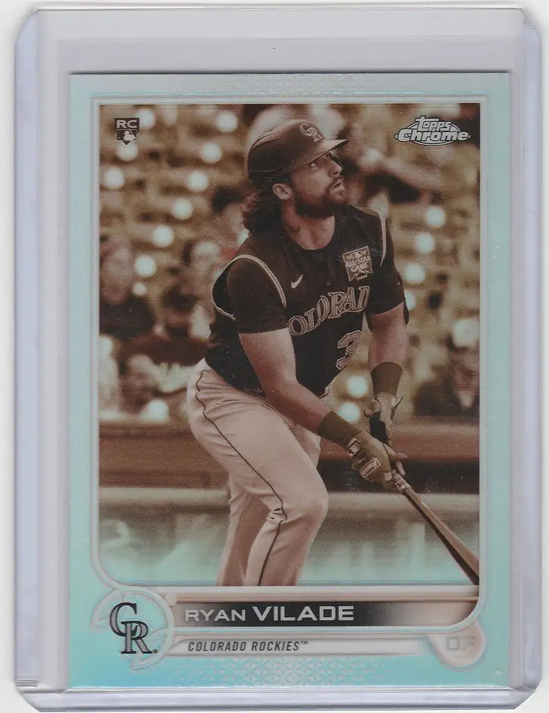 Baseball trading card of Ryan Vilade at bat in 2022 Topps Chrome Sepia for Colorado Rockies