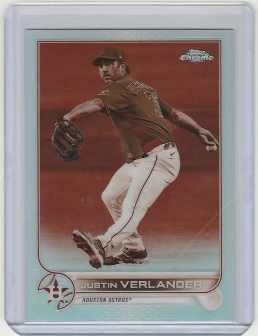 Baseball trading card of Justin Verlander throwing for Houston Astros Topps Chrome Sepia