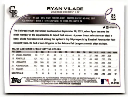 Ryan Vilade baseball card from 2022 Topps Chrome Sonic Edition featuring original gloss