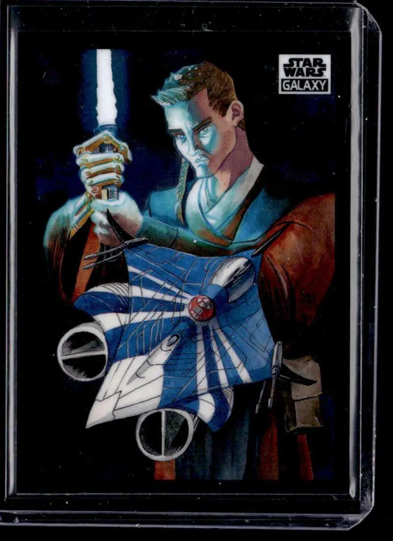 Stylized Star Wars trading card artwork of Anakin Skywalker with a blue lightsaber