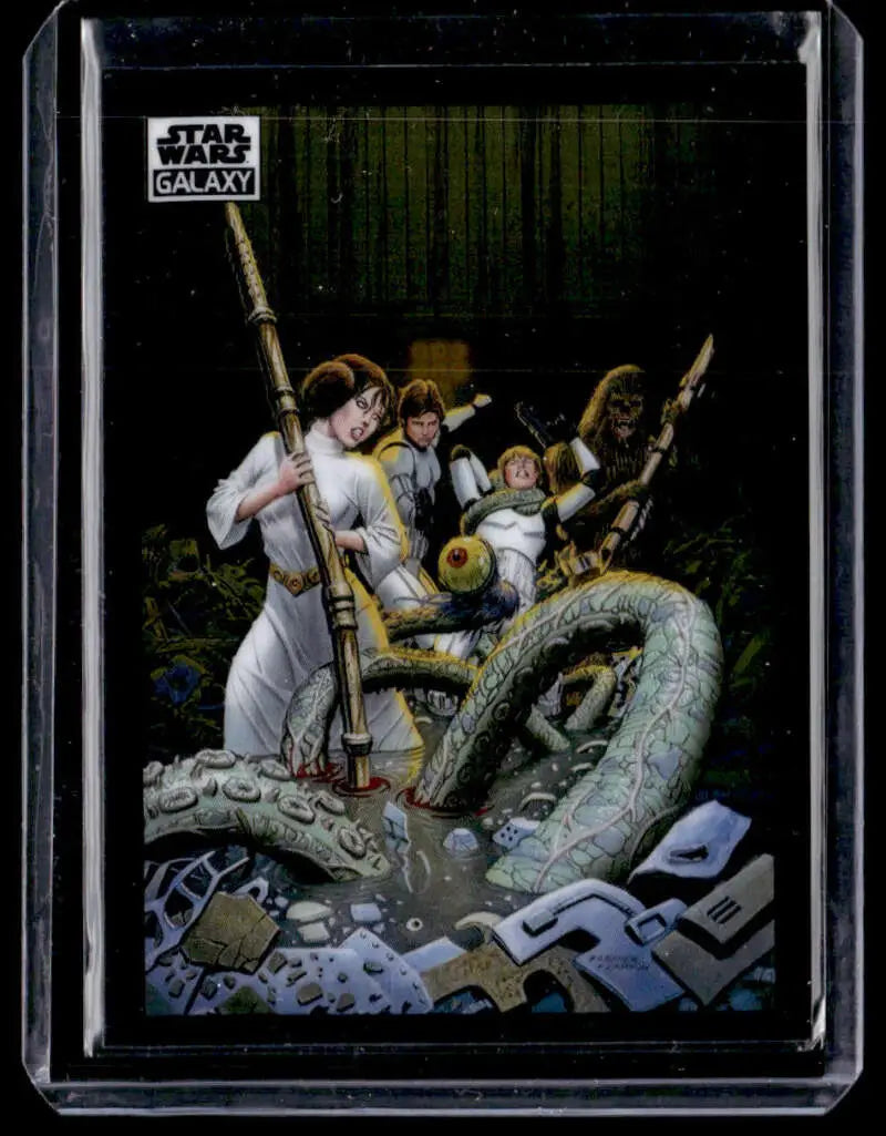 Star Wars trading card showing heroes in Battle with the Dianoga in a garbage compactor