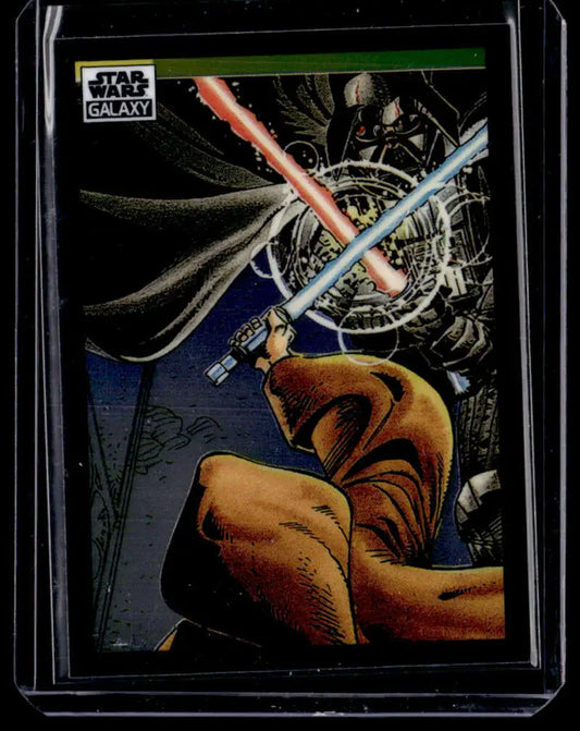 Star Wars trading card featuring crossed lightsabers and cloaked figure on Death Star