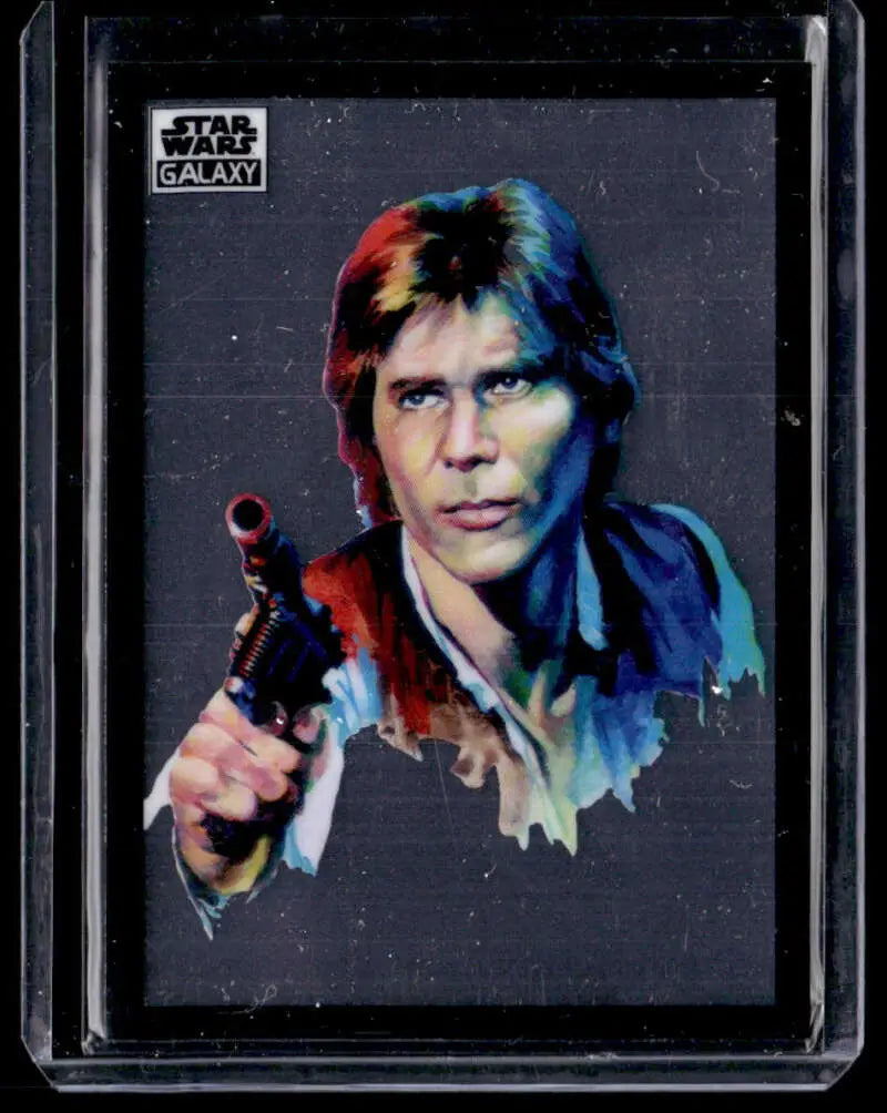 Star Wars trading card of Han Solo with blaster from Topps Chrome Star Galaxy series