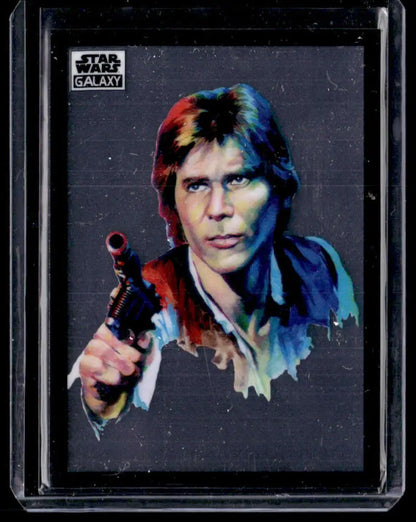 Star Wars trading card of Han Solo with blaster from Topps Chrome Star Galaxy series