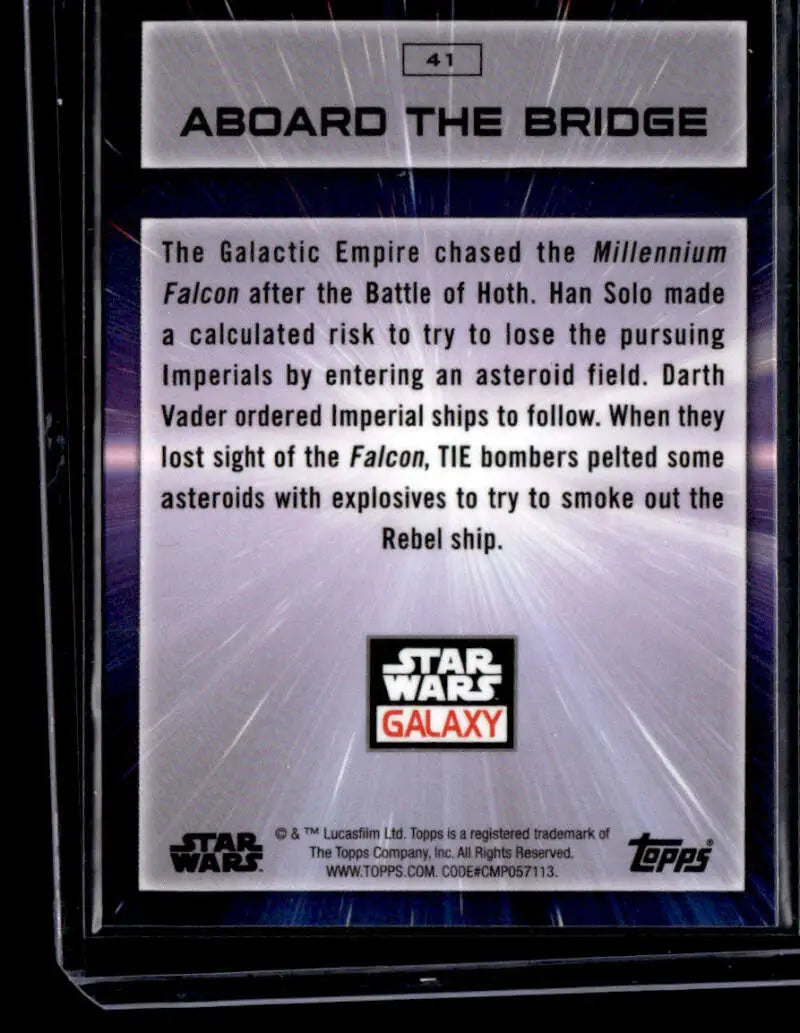 Star Wars trading card depicting the Millennium Falcon evading Imperial forces in an asteroid field