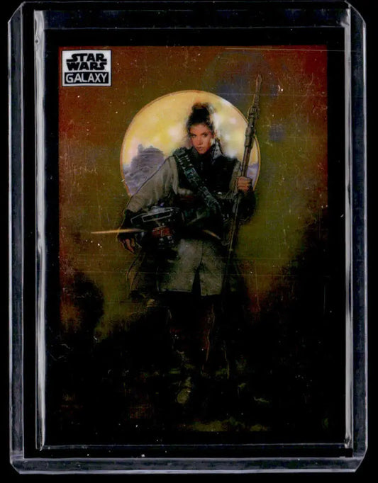 Star Wars trading card of Leia Organa in Boushh disguise with weapons in hand