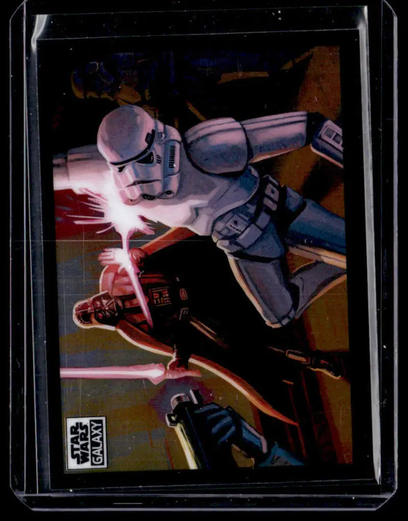 Stormtrooper trading card from Star Wars featuring Darth Vader in lightsaber battle scene