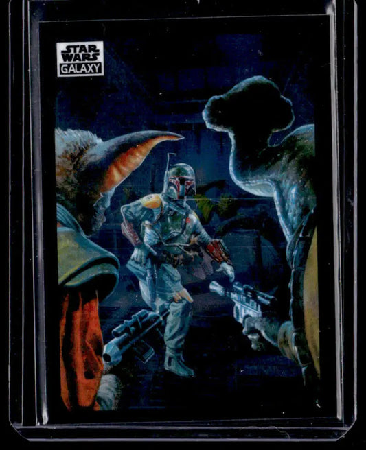 Boba Fett Ambushed trading card from Star Wars in combat pose with blasters