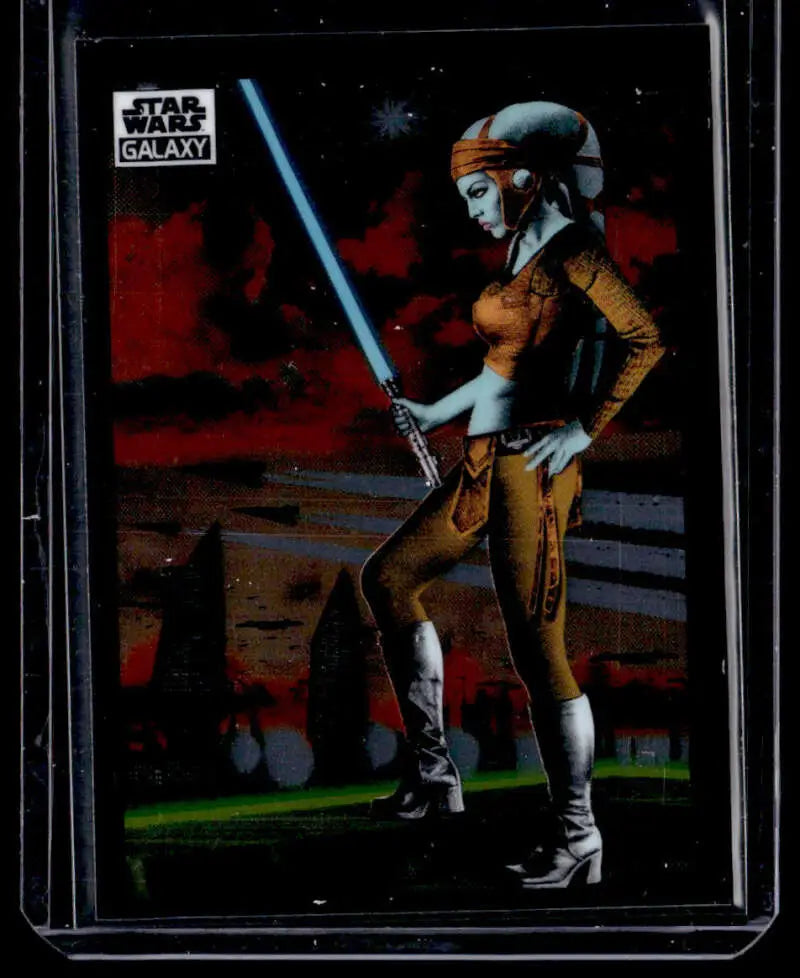 Aayla Secura as a Twi’lek warrior with blue lightsaber in Topps Chrome Star Wars Galaxy