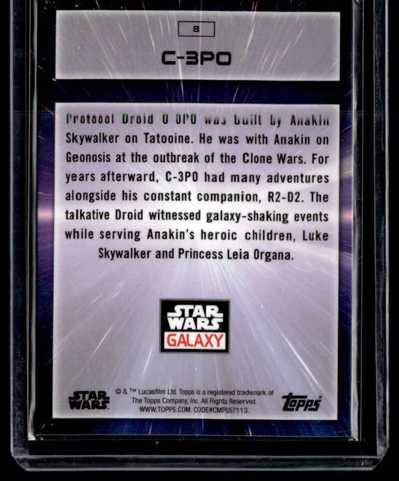 Trading card featuring C-3PO from Star Wars Galaxy series by Topps Chrome