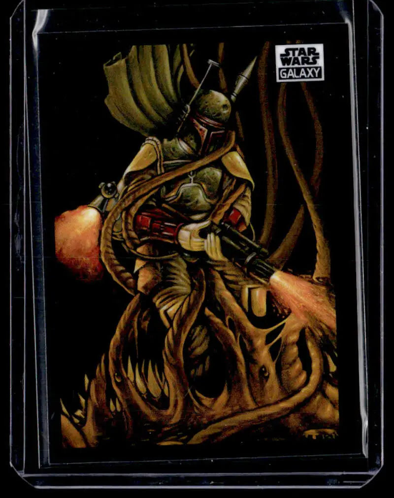 Bounty hunter in olive armor with blaster in Star Wars Galaxy Boba Fett card image