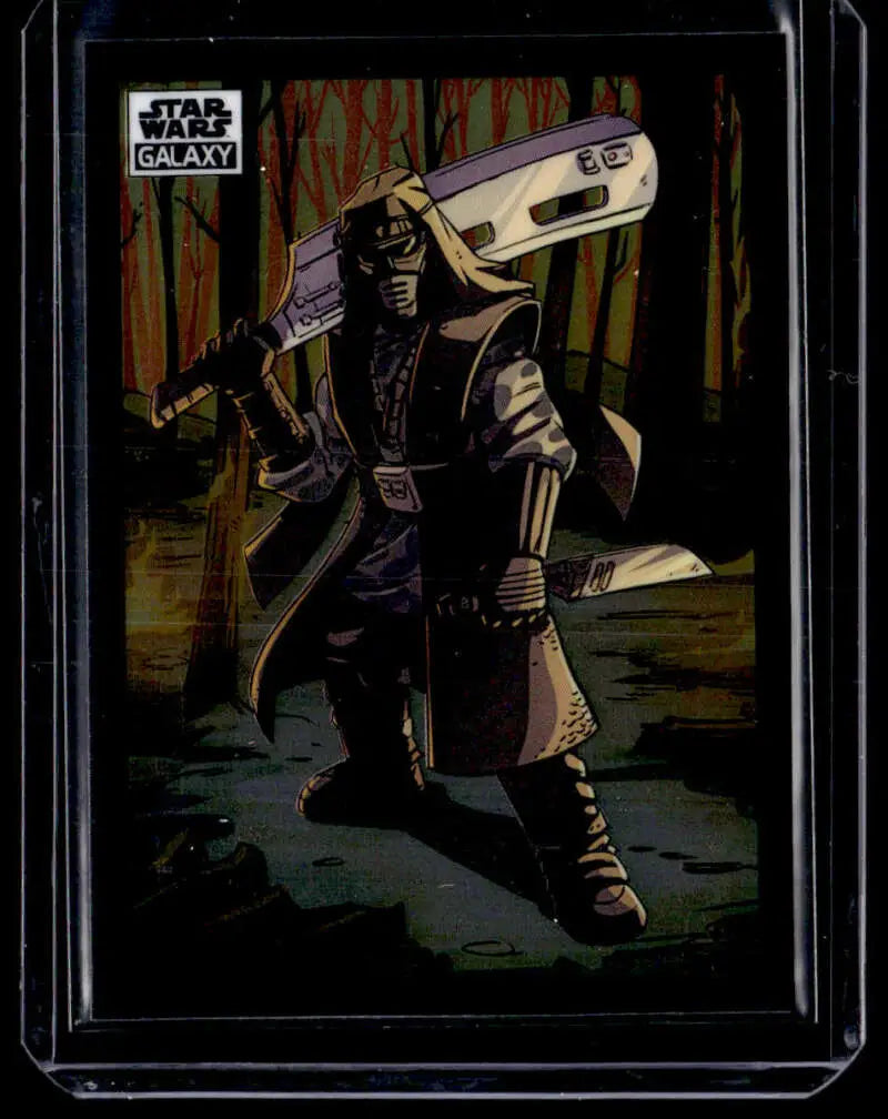 Dark-armored warrior with a blaster in combat stance from Star Wars Galaxy card series