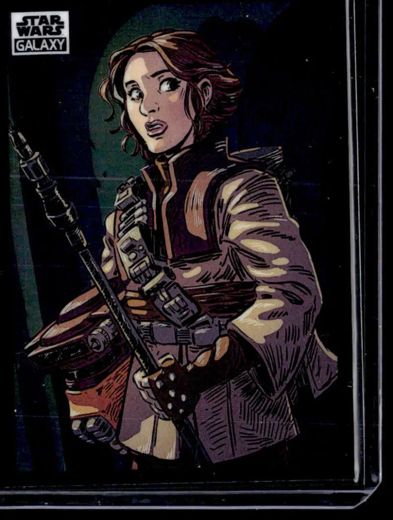 Star Wars trading card featuring Leia Organa with blaster from Topps Chrome Galaxy