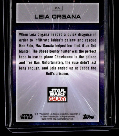 Trading card of Leia Organa infiltrating Jabba’s palace from Star Wars Galaxy by Topps Chrome