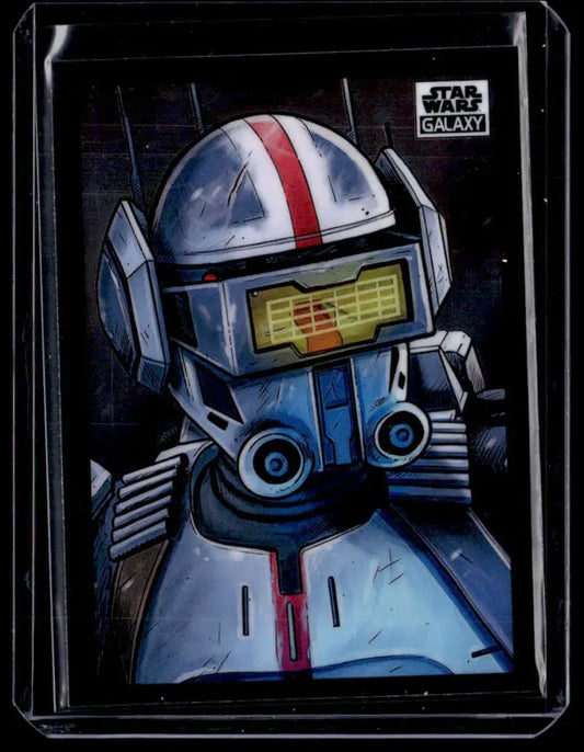 Star Wars Galaxy artwork of a droid with a white helmet, red stripes, and yellow visor