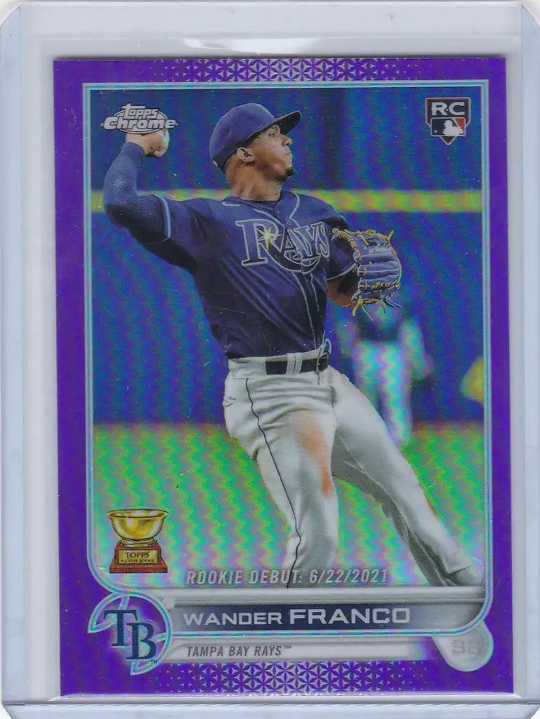 Wander Franco Purple RC Tampa Bay Rays player in throwing motion on baseball card