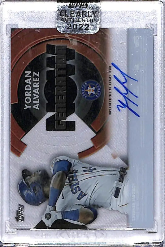 Baseball trading card of sliding player in Kansas City Royals uniform with Yordan Alvarez autograph