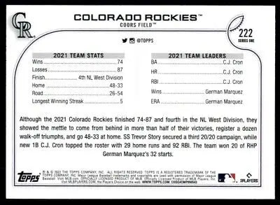 Back of 2022 Topps Colorado Rockies #222 baseball card showcasing team stats and info