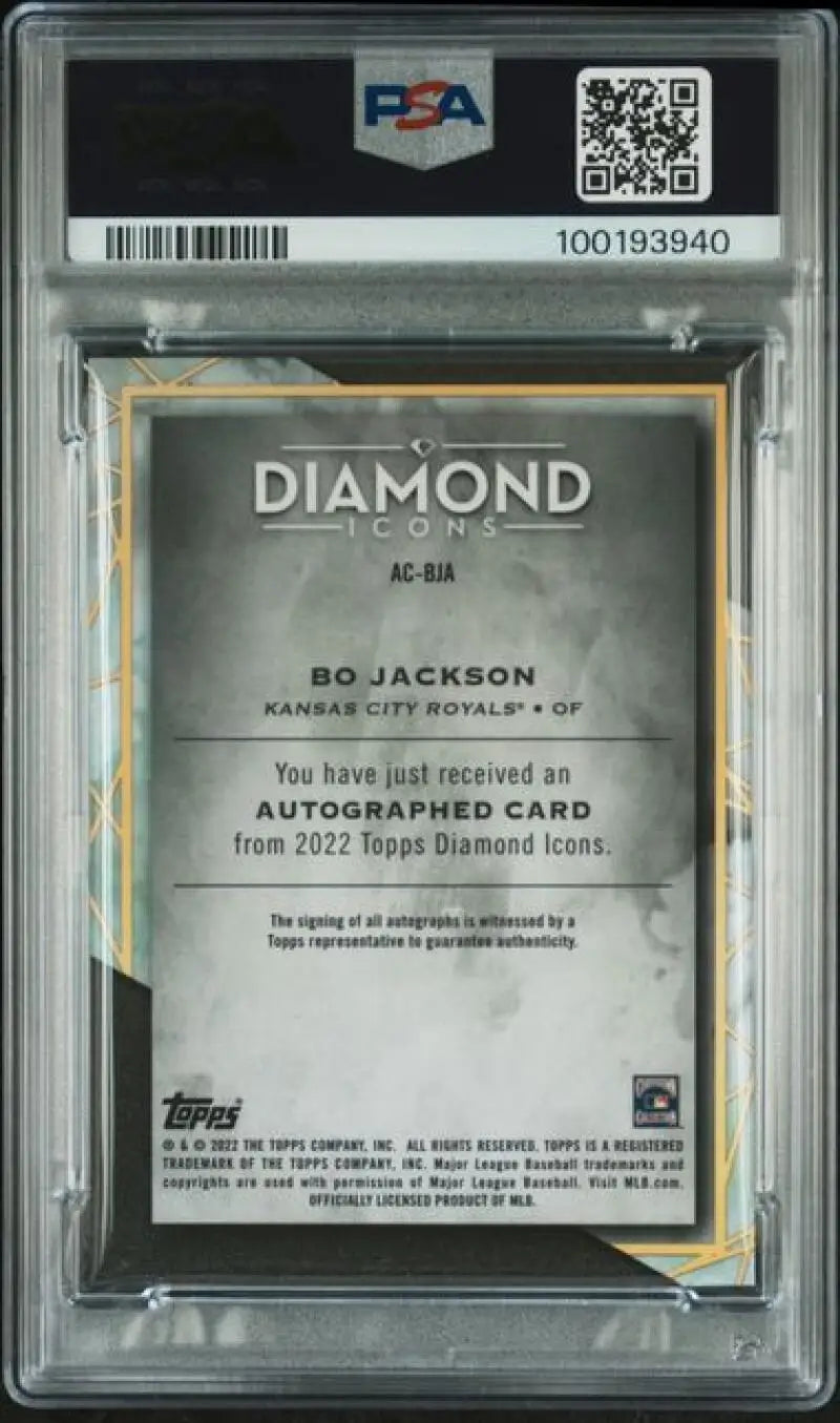 Back side of a PSA 9 Mint graded 2022 Topps Diamond Icons ACBJA Bo Jackson card