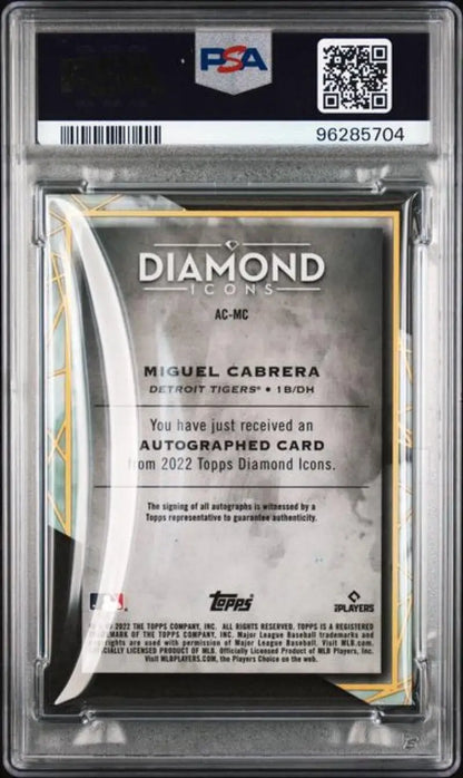 Back side of Miguel Cabrera Detroit Tigers baseball card with PSA certification details