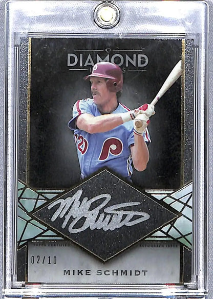 Baseball card of Mike Schmidt in powder blue uniform from Topps Diamond Icons