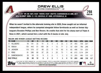 Back of 2022 Topps Drew Ellis Rookie Arizona Diamondbacks #298 baseball card