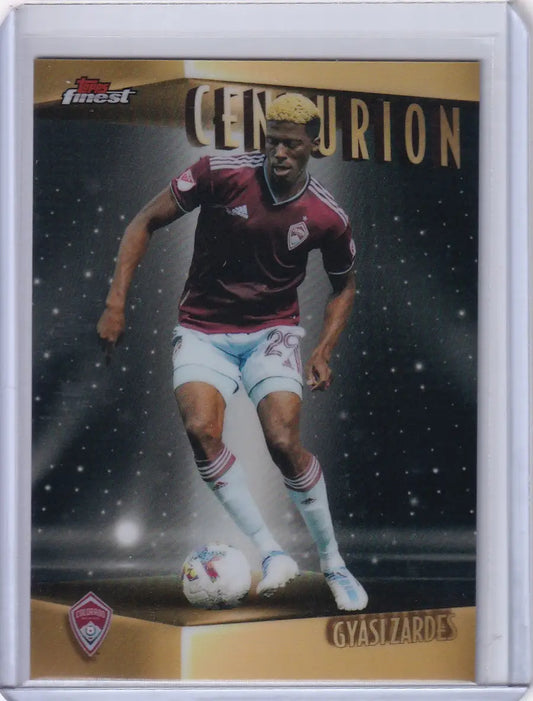 Soccer trading card of Gyasi Zardes in burgundy jersey for Topps Finest Colorado Rapids