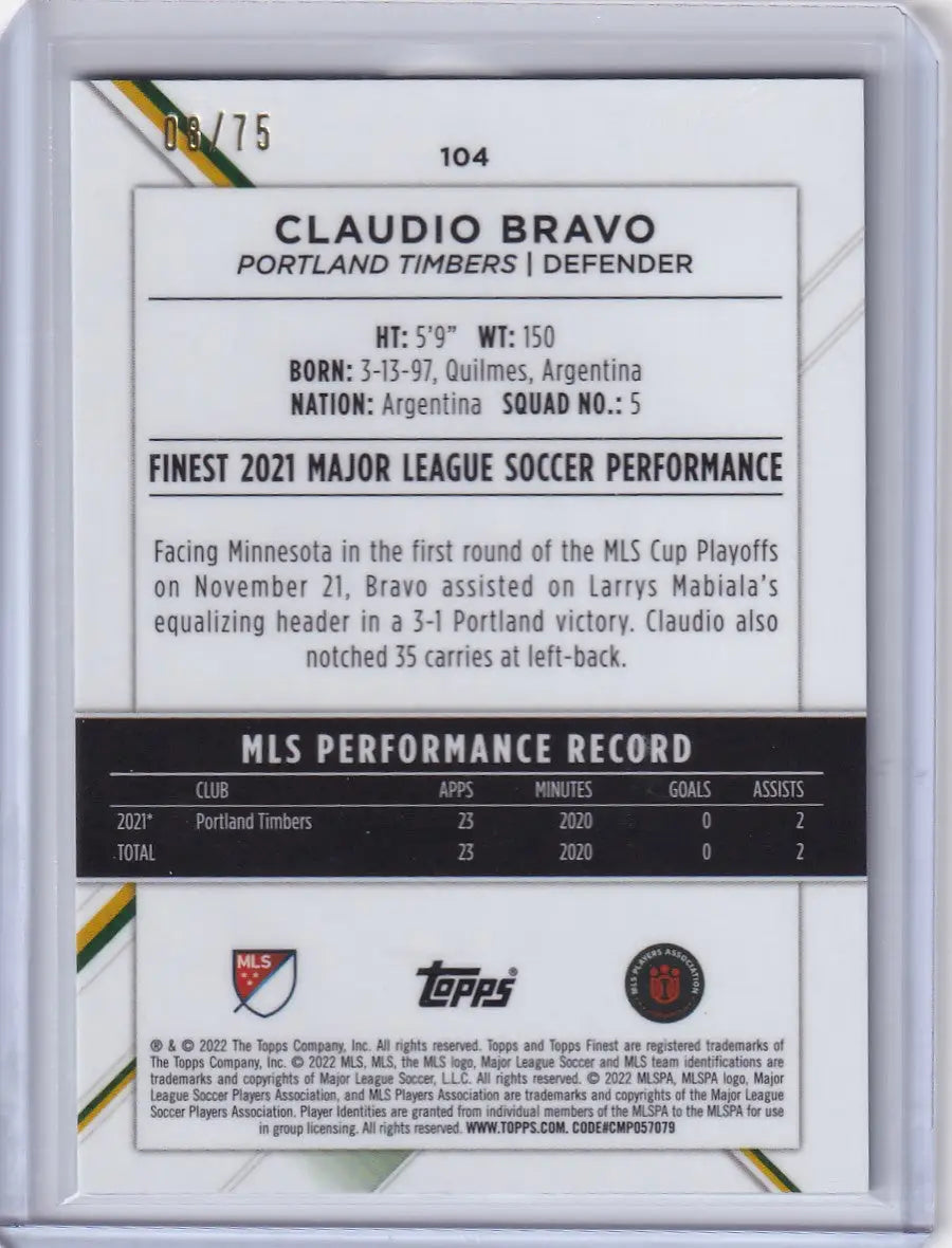 Soccer trading card of Claudio Bravo from 2022 Topps Finest Aqua #104, 74/75