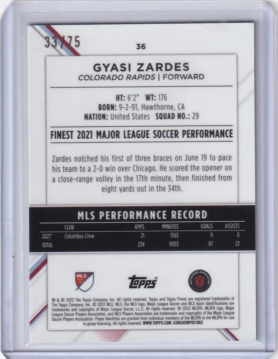 Topps Finest Aqua card featuring Gyasi Zardes performance stats and biography