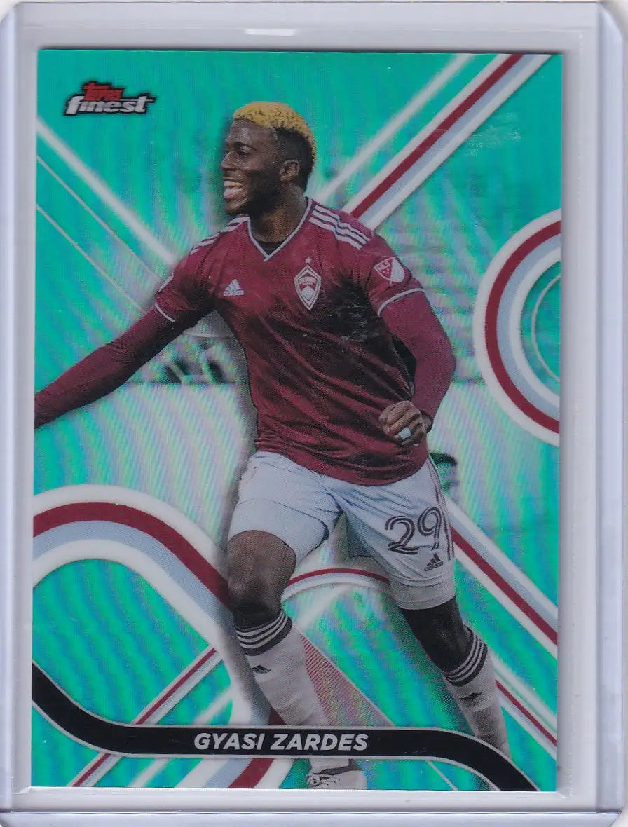 Soccer trading card of Colorado Rapids player Gyasi Zardes in Topps Finest Aqua design