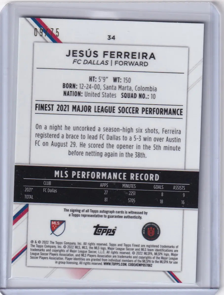 Trading card of Jesús Ferreira showcasing MLS stats, Topps Finest Auto Aqua 2022