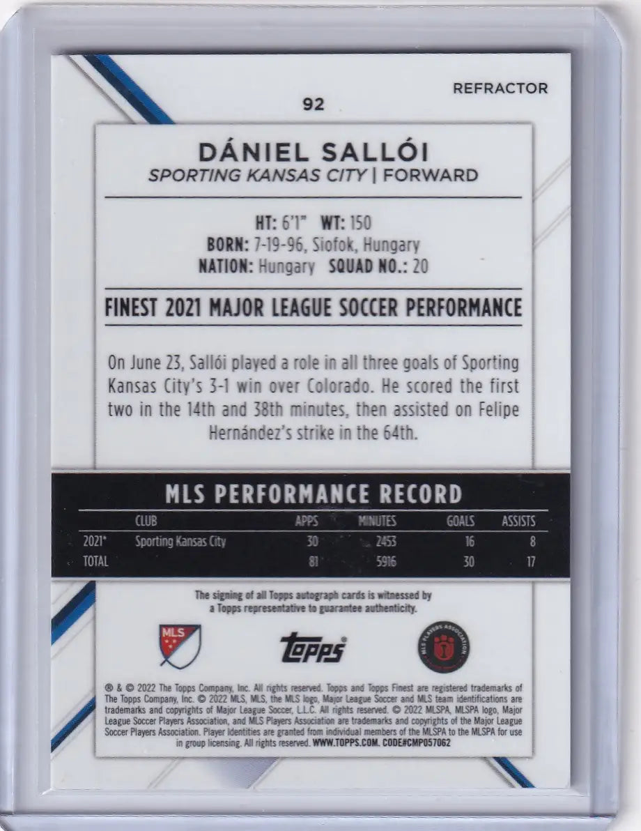 Soccer trading card featuring Topps Finest Auto Refractor Daniel Salloi’s 2021 stats