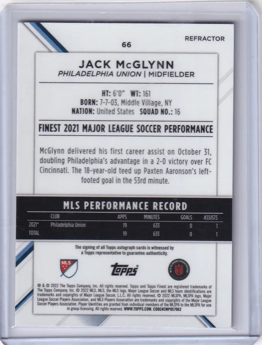 Trading card featuring Jack McGlynn’s stats from 2022 Topps Finest Auto Refractor