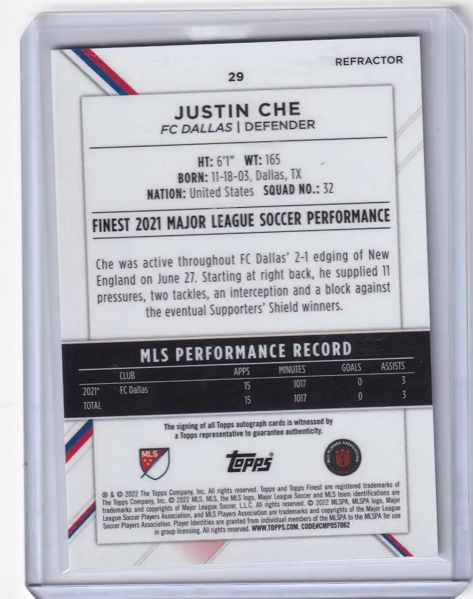 Soccer trading card of Justin Che, Topps Finest Auto Refractor from FC Dallas 2021 MLS season