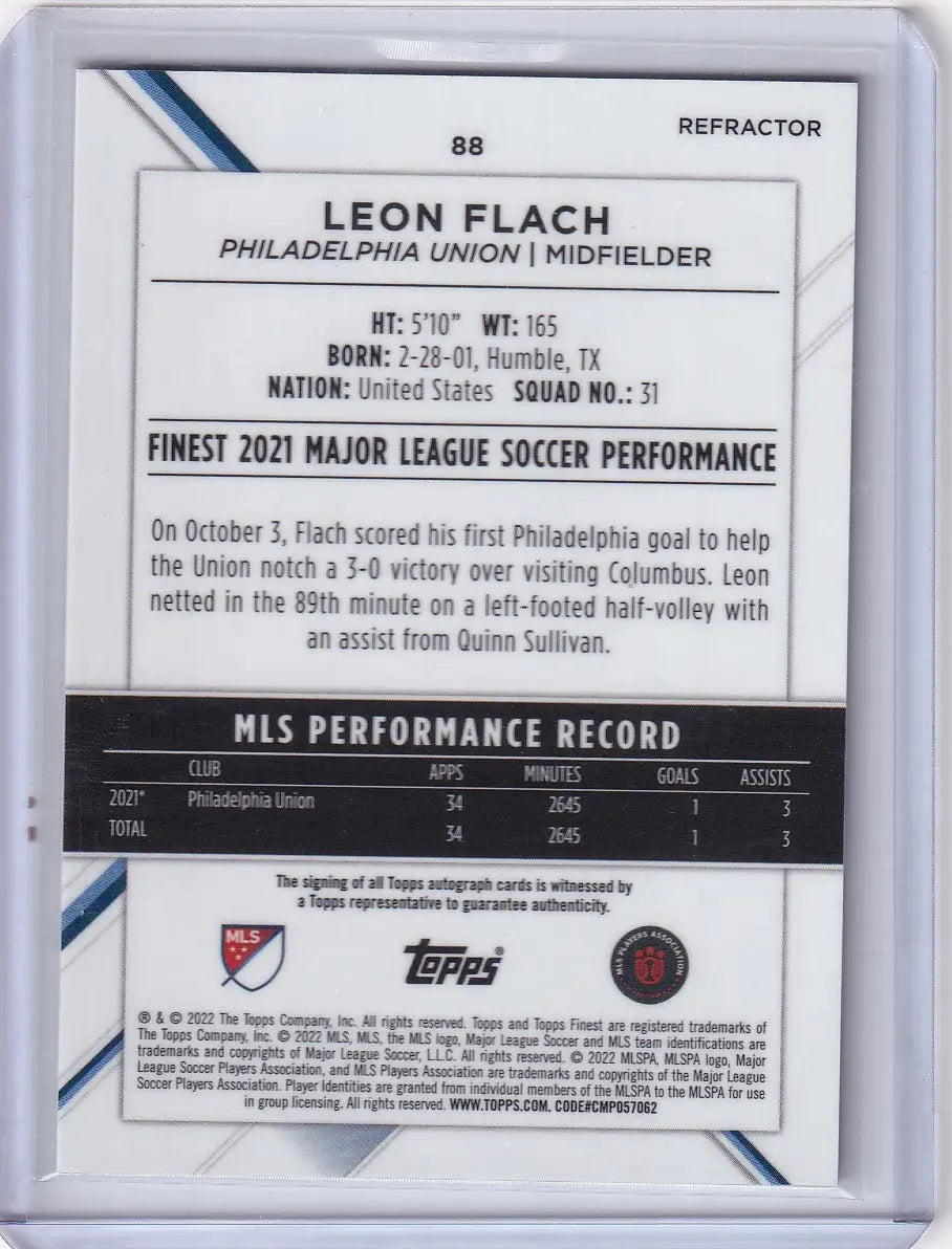 Trading card of Leon Flach featuring statistics from 2022 Topps Finest Auto Refractor