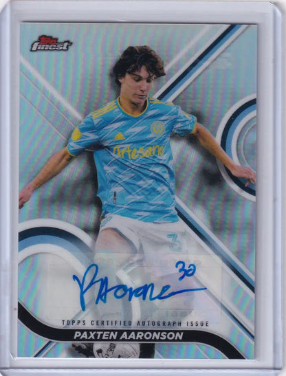 Signed Topps Finest Auto Refractor Paxten Aaronson card in light blue uniform